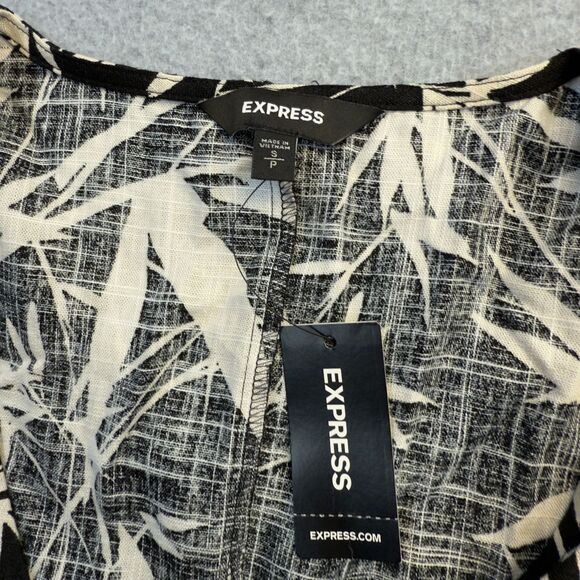 Express Shirt Women's Small Black Beige Sleeve Faux Wrap Top Linen Blend Blouse - Picture 3 of 8